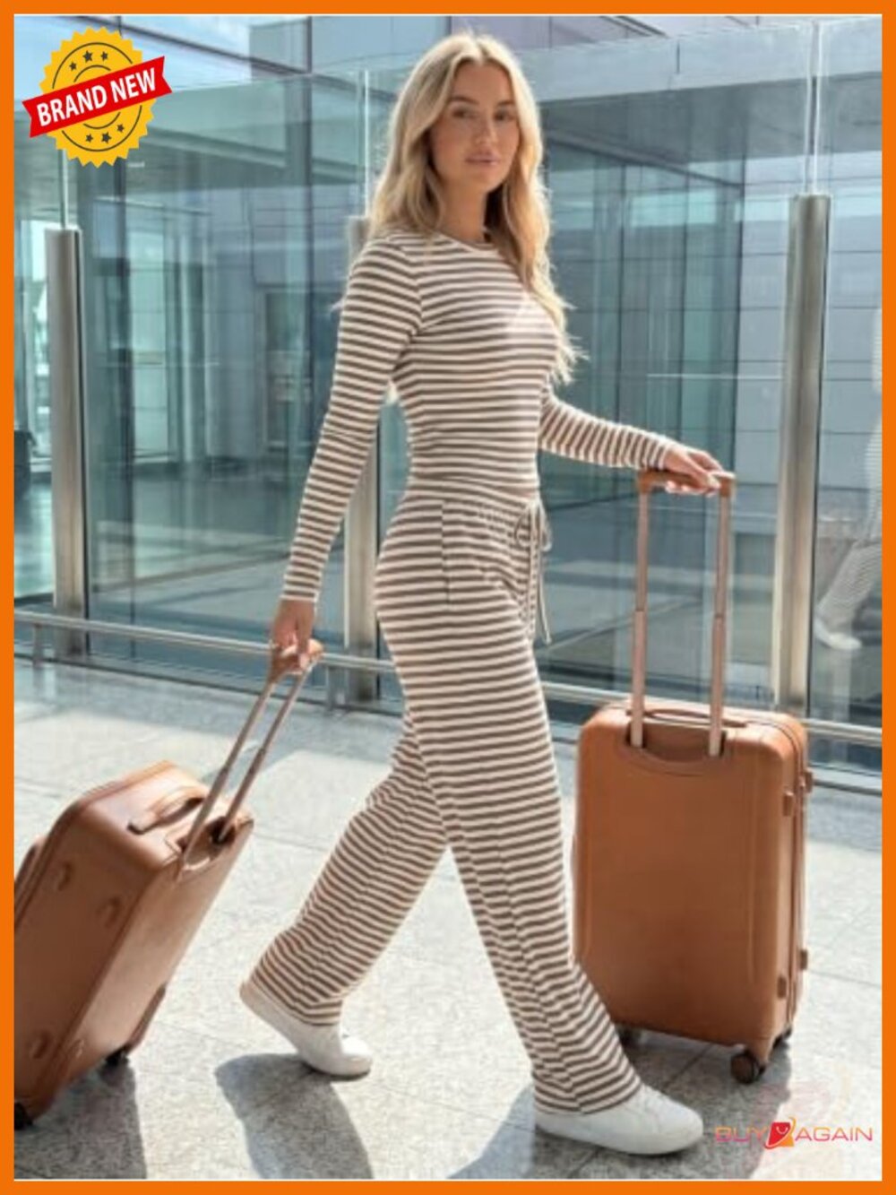 Ribbed Striped Long Sleeve Crewneck Wide Leg Lounge Set with Pockets - Picture 2 of 6
